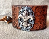 Silver Fleur-de-lis Leather Cuff Bracelet with adjustable suede ties