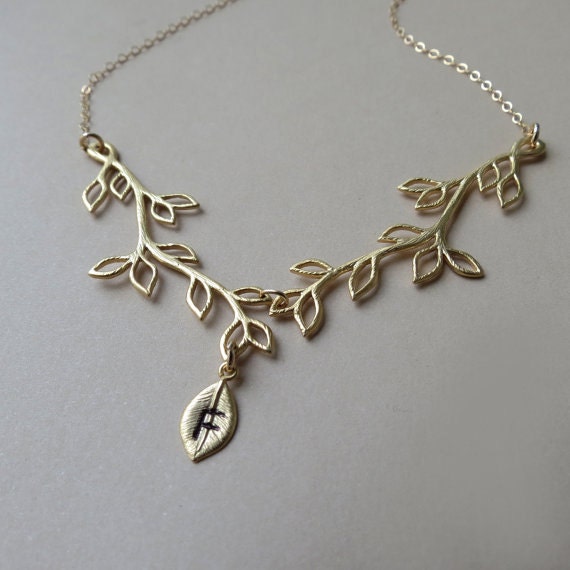 Personalized Branch Necklaces,THREE Stamped Leaf, Bridesmaids Gifts, Bridal Party Customized Jewelry, Gold Branch Necklace, Maid of Honor
