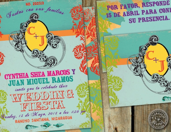 Vintage Beach Fiesta Wedding, Destination Wedding, Wedding in Mexico, Wedding on a cruise Invitation with matching RSVP card Il_570xn