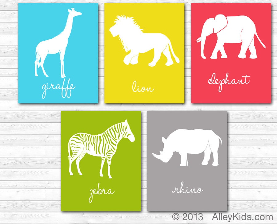 Jungle Nursery Art, Pick 4, Zebra, Giraffe, Rhino, Lion, Elephant, Childrens Art, Safari Animals
