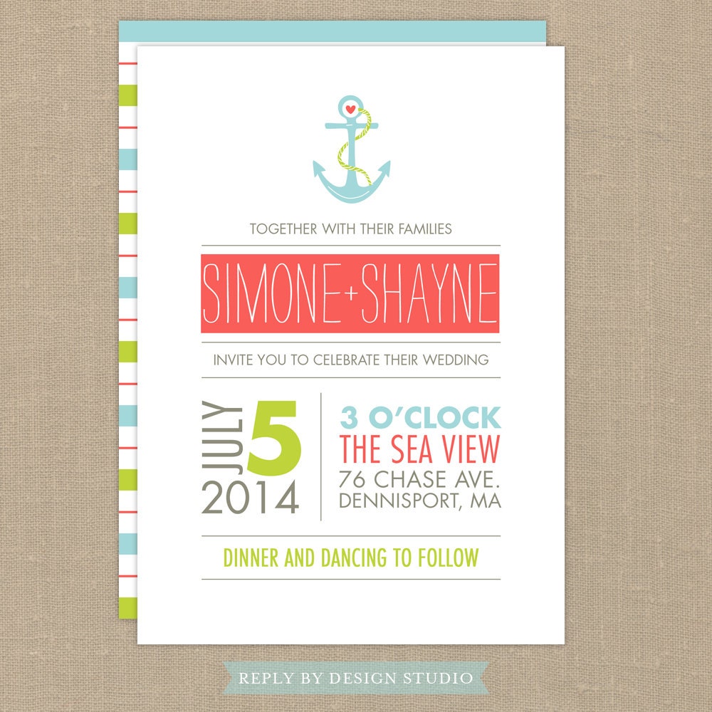 Wedding Invitation and RSVP Card (Anchors Away) - Digital Files or Deposit on Printing (Customizable Beach Design)