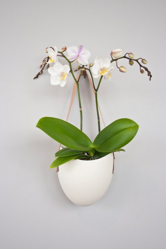 Porcelain and tan leather hanging planter