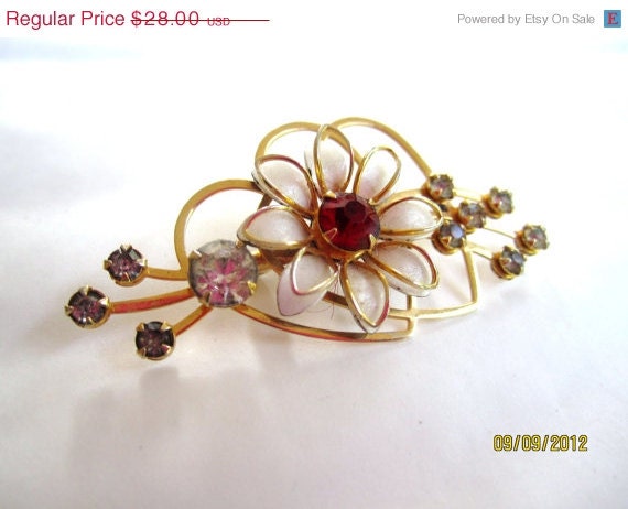 Ruby Red Rhinestone Flower Brooch 1930s Vintage Jewelry