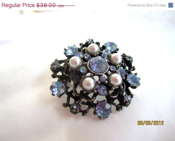 Art Deco Revival Brooch Blue Rhinestone Pearl 1950s Vintage Jewelry