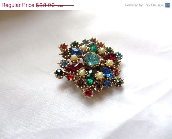 Rhinestone Pearl Brooch w Blue, Green, Red 1950s Vintage Jewelry