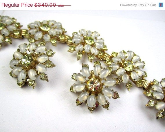 Hattie Carnegie Flower Moonglow Rhinestone Bracelet w Earrings 1940s Vintage Jewelry