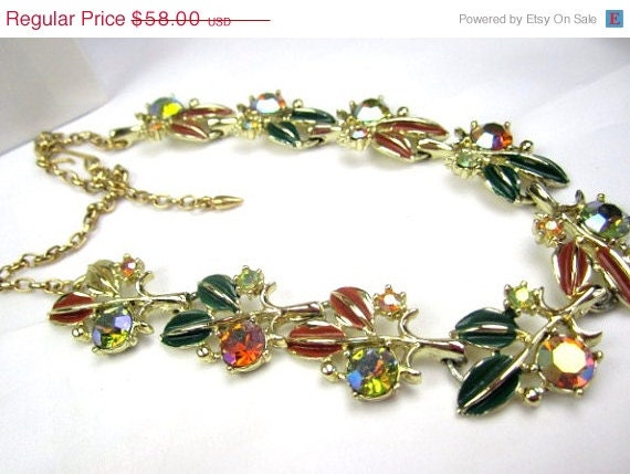 Enamel and AB Rhinestone Necklace w Bracelet 1950s Vintage Jewelry