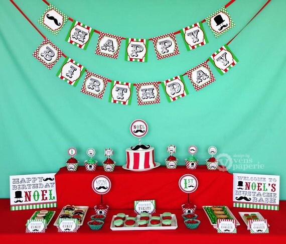 Little Man Mustache Red & Green Birthday Party Package Personalized FULL Collection Set - PRINTABLE DIY - PS829CA2x Il_570xn