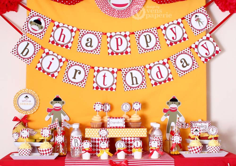 Special Price - Sock Monkey Birthday Party Package Personalized MINI Collection Set  - PRINTABLE DIY - PS819CA1y