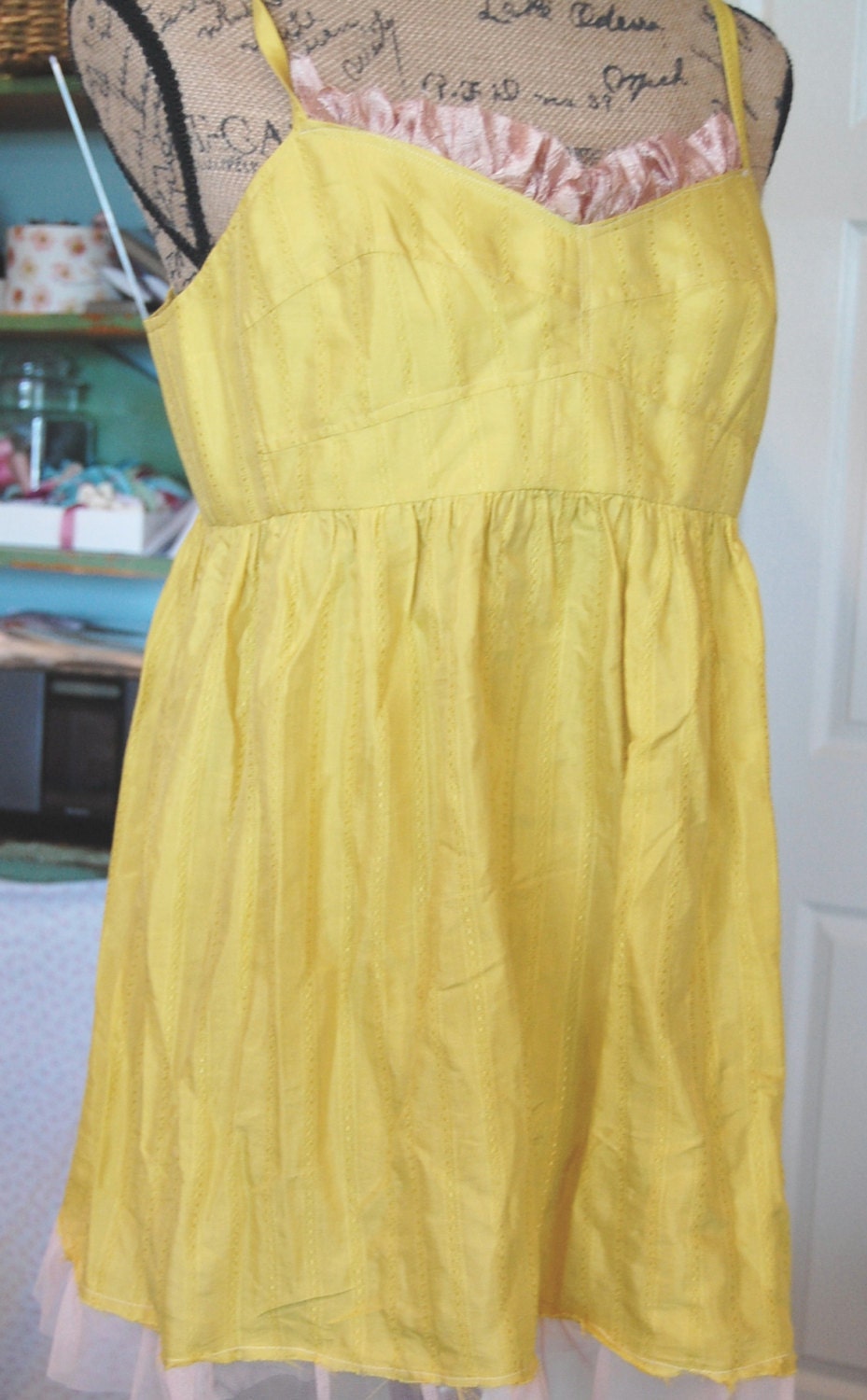 Mustard Gold Sundress Altered Brand New Fossil Womens Clothing Sz MEDIUM Shabby Chic Urban Cowgirl Farm Girl Spring Summer Pink Accents