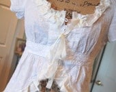 White Cotton Eyelet Top Womens Clothing Shabby Chic Upcycled Prairie Farmgirl Medium Feminine Dupioni Silk Vintage Crochet