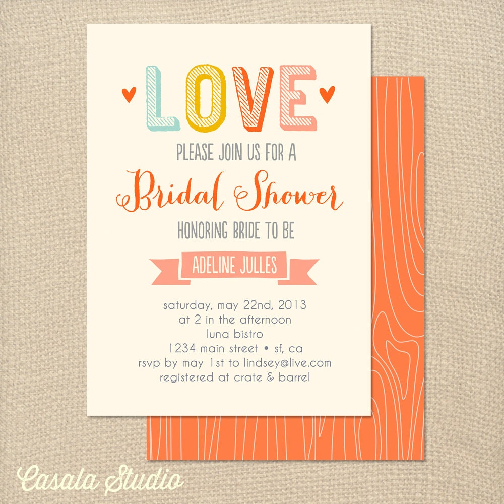 Love Modern VIntage Bridal Shower Invitation Baby Shower Invite Printable OR Printed Card