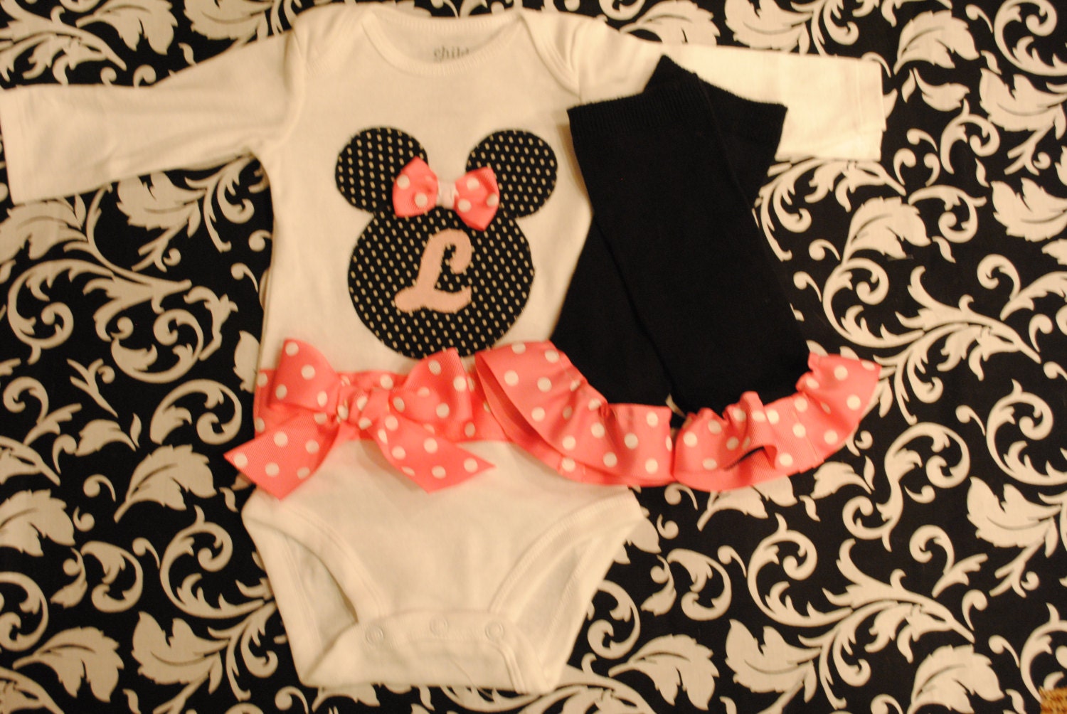 Personalized Red, Magenta, or Pink Minnie Mouse Baby Girl Onesie and Legwarmers