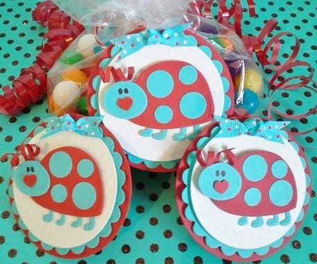 Bug gift tag for treat bag party favor goody bag or scrapbook embellishment  in red and aqua blue