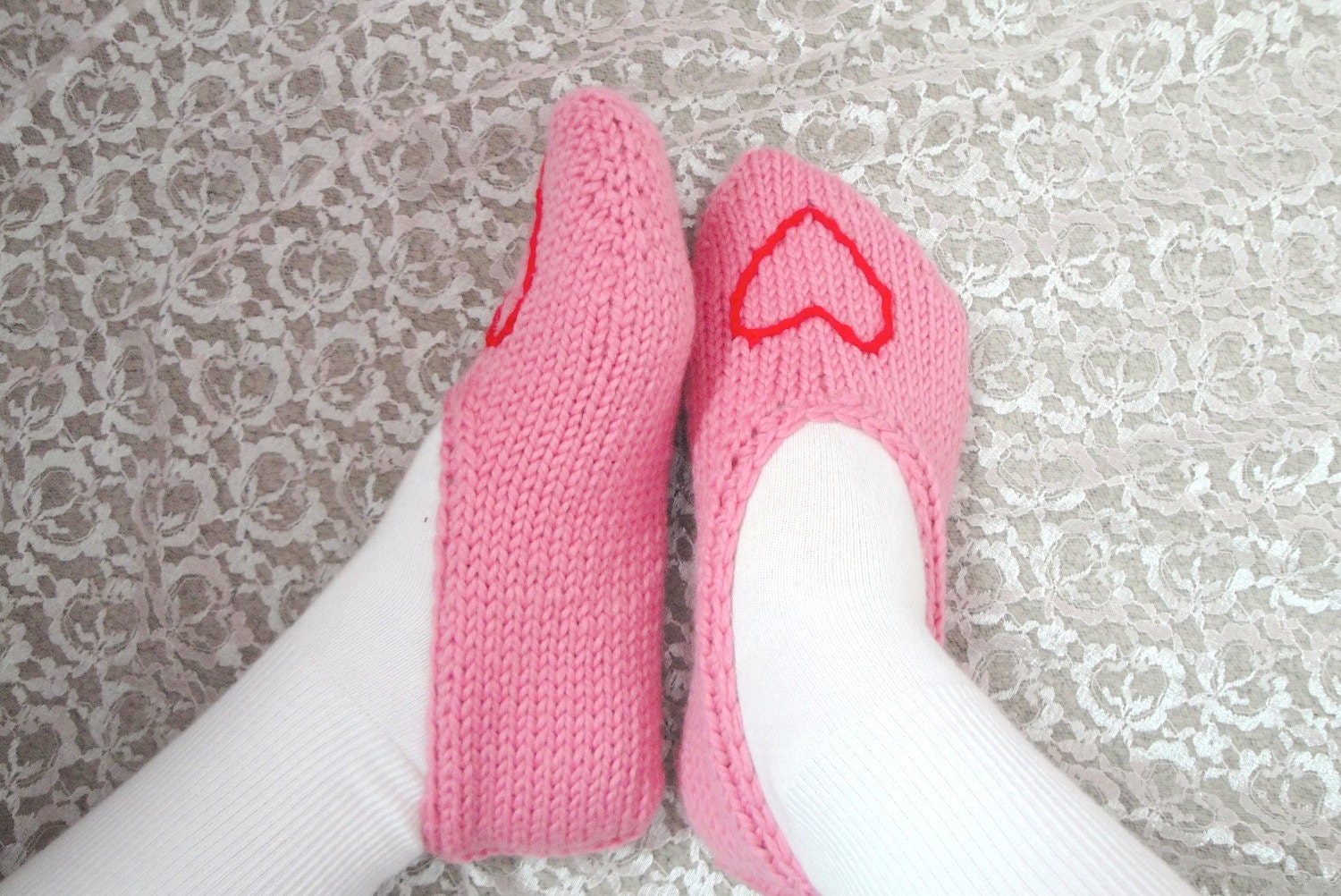 Women's Pink Slippers, Hand Knit Slippers, Pink with Heart Sz. 7 - 9, Ballerina Slippers Teens Soft Rose Pink & Red Cushy House Socks