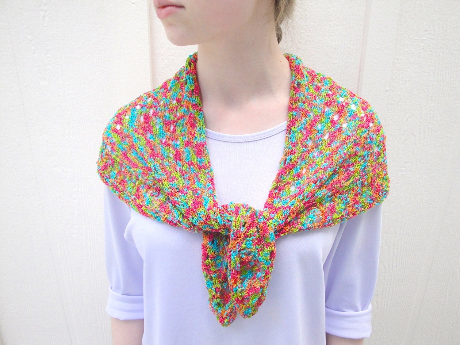 Summer Shawl Wrap, Hand Knit Shawl, Lacy Shawl, Bright Jewel Colors Shawlette, Scarf Sash Headwrap Kerchief
