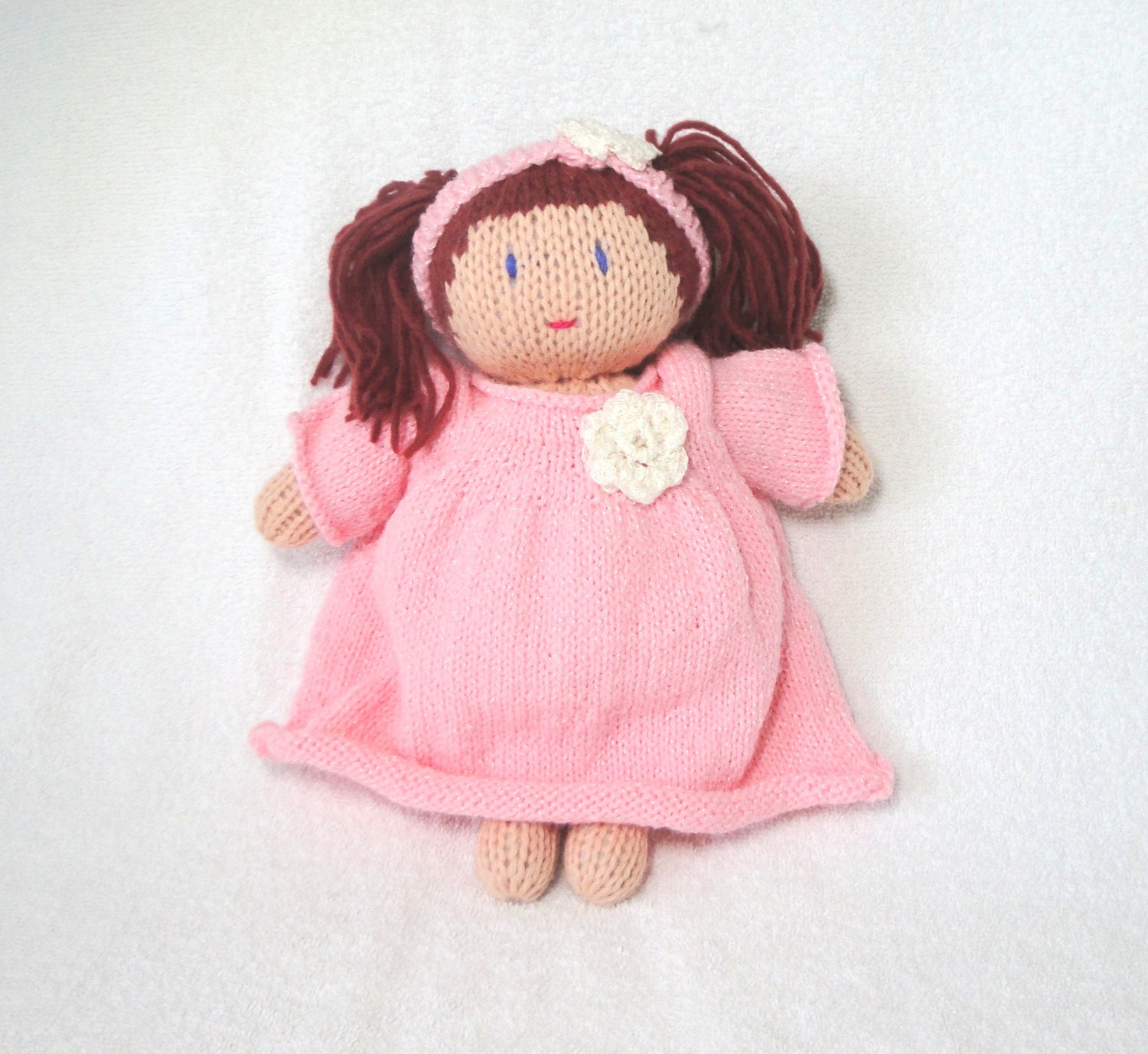 Strawberry Girl Baby Doll, Hand Knit Red Hair Pigtails and Dress/Diaper/Headband, Soft Waldorf Toy