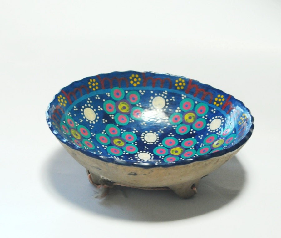 Vintage Mexican Pottery Bowl Hand painted Blue by Seagypsys