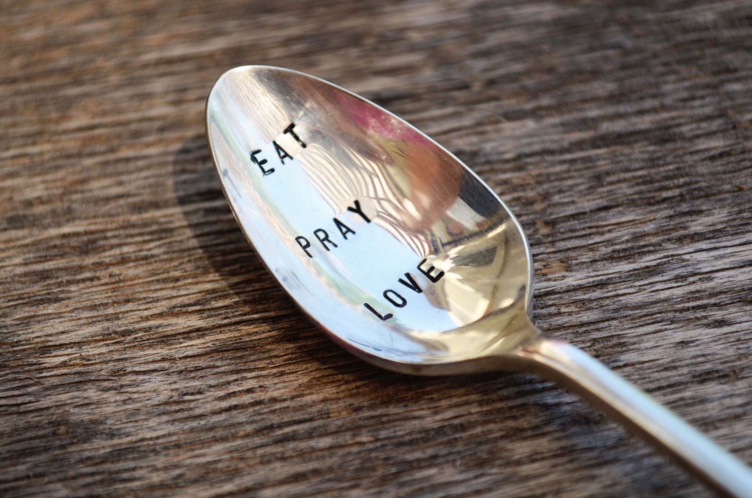 EAT PRAY LOVE - Upcycled Vintage Silverware Spoon hand stamped