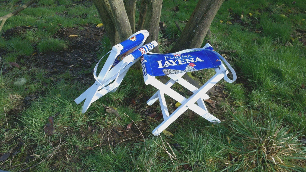Two Upcycled Feed Bag Folding Camp Stools
