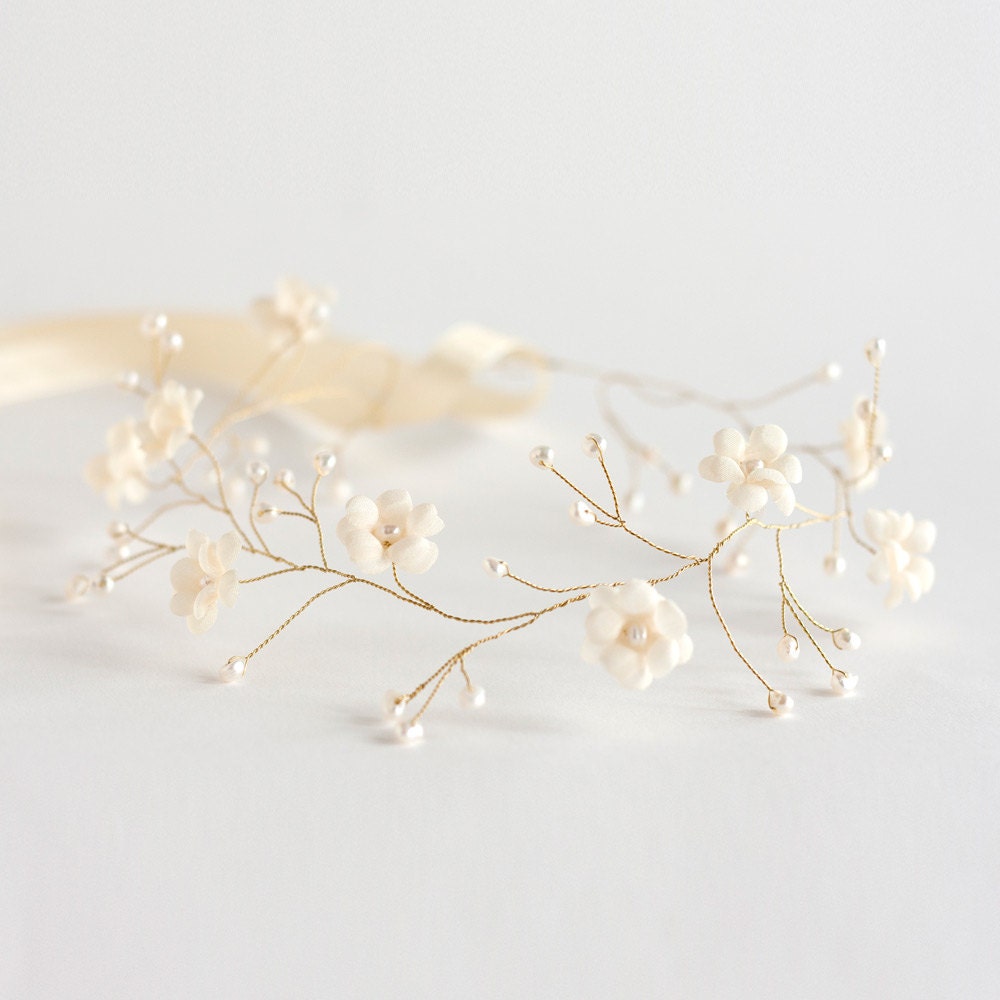 Bridal tiara, bridal hair accessories, wedding tiara, wedding flower crown, gold tiara, cream headpiece, headband,  pearls, beige wedding.