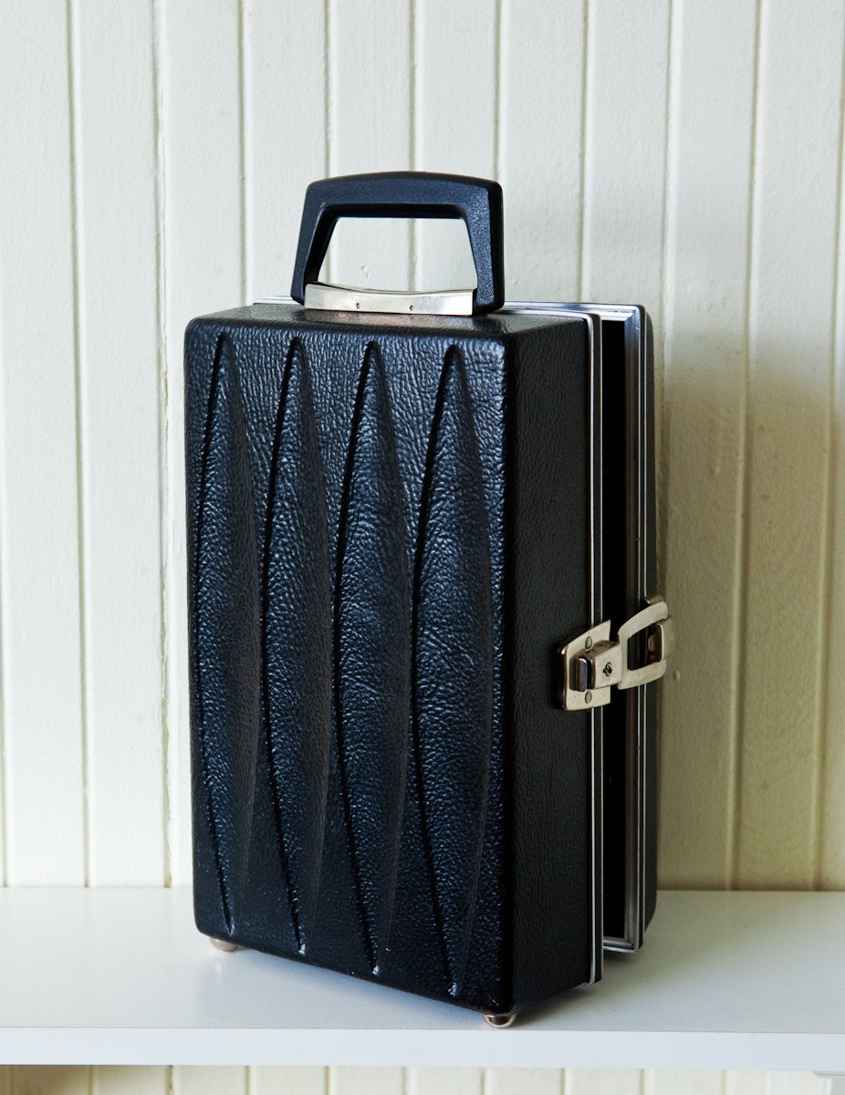Vintage Bar Set / 1950's Liquor Case / Black Bar Ware / Atomic Diamond Detail