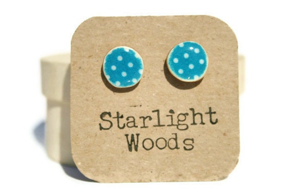 Stud wood Earrings blue polka dot  reclaimed wood earrings nature lover nature gift eco-friendly unique gift for her