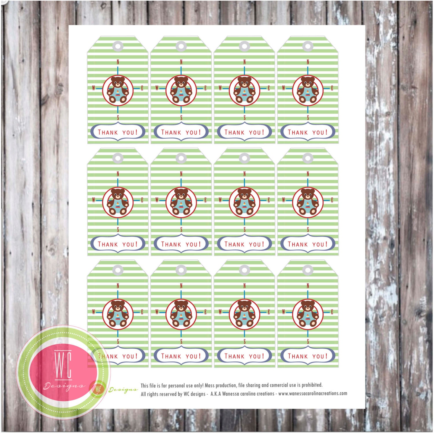 FAVOR TAGS - Teddy Bear Aviator Favor Tags - Instant Download - Party printables by WC Designs Il_570xn