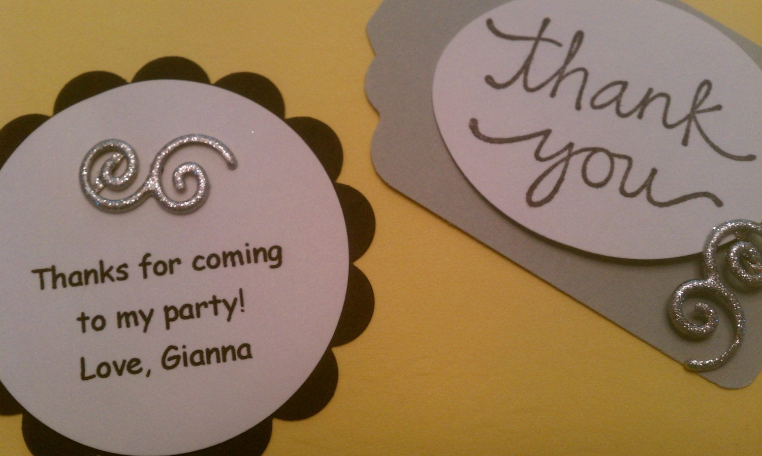 Personalized silver swirl party favor / thank you tags - set of 8