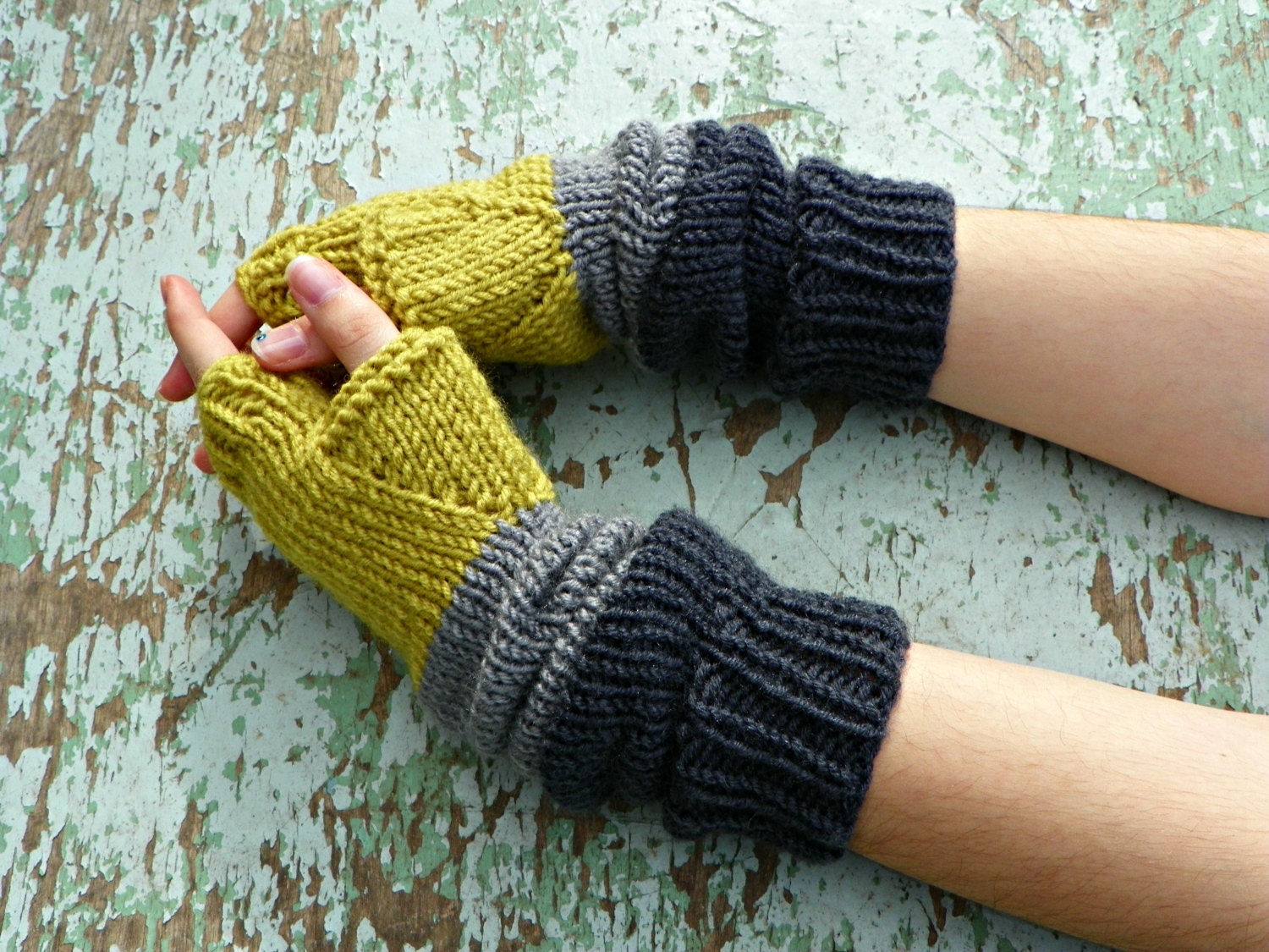 Knitting fingerless gloves yellow gray dark gray colors, women accessories winter fall fashion, long gloves