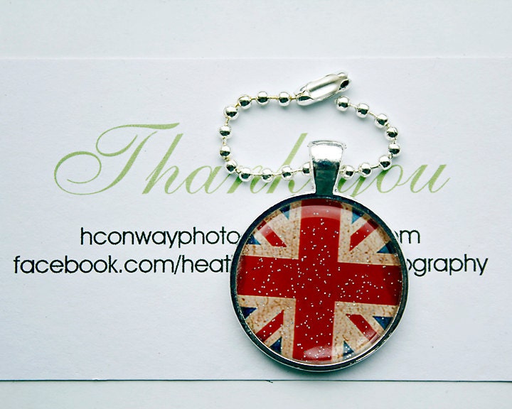 British Flag Keychain, Glitter Photo keychain, Union Jack Flag Keyring London England Sparkle key chain, handmade silver colored metal