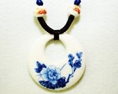 Oriental charm necklace, ceramic pendant necklace, ceramic jewelry, blue peony porcelain jewelry,unisex gift