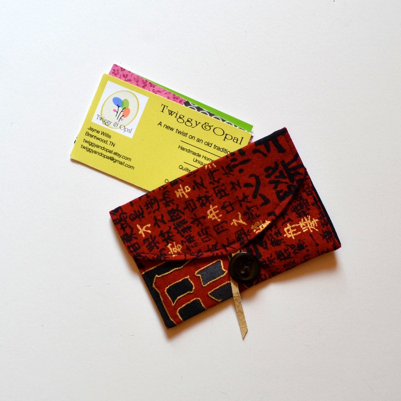 Asian Card Case, Red Business Card Holder,  Fabric Card Wallet, Red and Black