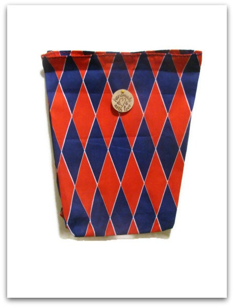 Fabric Lunch Bag/Reusable Lunch Bag/Red and Blue Modern Print