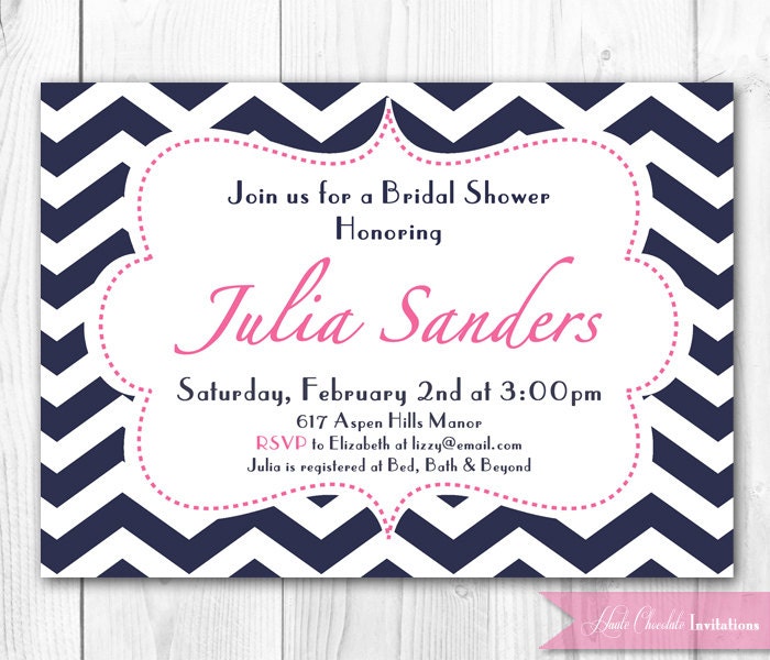 Modern Preppy Hot Pink & Navy Chevron Printable Birthday Party or Bridal Shower Invitation Il_570xn