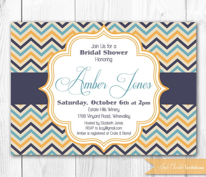 Fall Bridal Shower Invitation. Orange, Navy & Teal Chevron Invitation. Print-Yourself Bridal Shower or Baby Shower Invite. Il_570xn