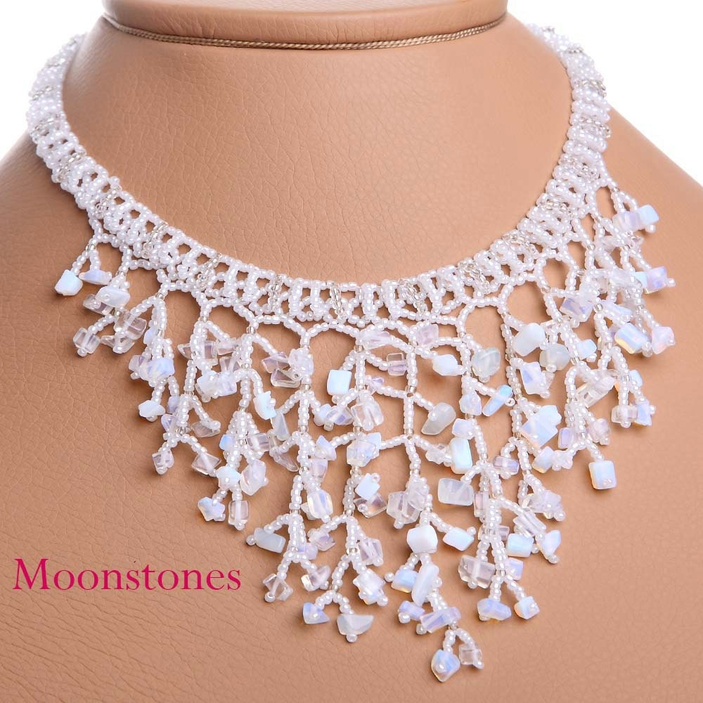 Modern Ukrainian Handmade Beaded Jewelry NECKLACE Waterfall Gerdan With Moonstones or Clear Crystal