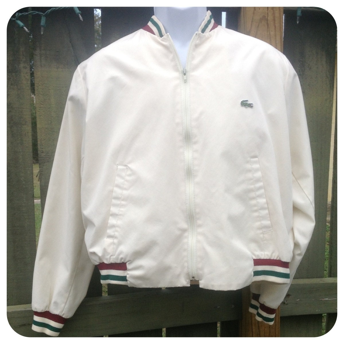 VINTAGE 1970's Men's Ivory/White Burgundy and Green Izod Lacosta Light Weight Windbreaker Jacket - Unisex - Ivy League - Preppy