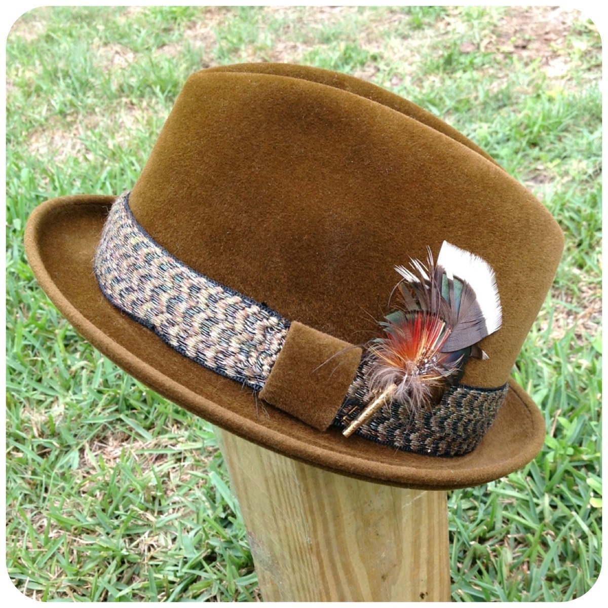 VINTAGE 1950s brown VELOUR FEDORA with box -  made in the u.s.a. by the highbee company - mad men - rockabilly -- frank sinatra -