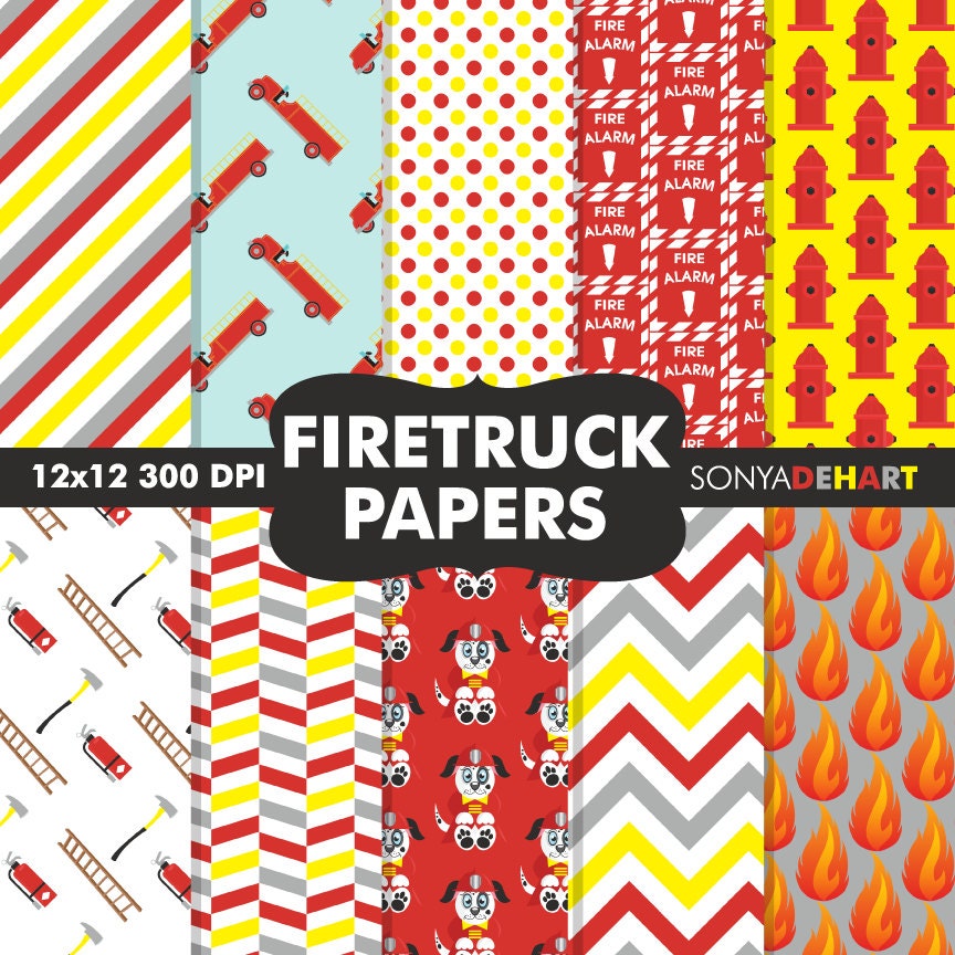 Buy 2 Get 1 FREE Digital Papers Fireman Firetruck Pattern's Instant Download Il_570xn