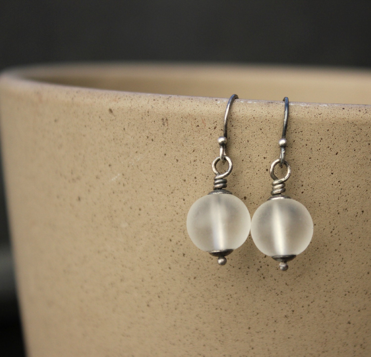 Frosted glass ball sterling silver earrings Petite oxidized charcoal patina winter earrings  "Frosty"