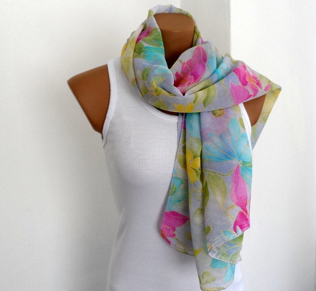 Lilac Scarf Pareo, Floral Scarf Bustier, Pink Yellow Blue Green, Multicolor Scarf Pareo, Beach Dress