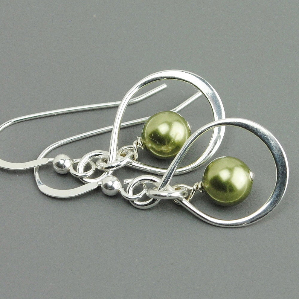 Sage Green Pearl Earrings, Silver Infinity Earrings, Drop Earrings, Bridesmaid Jewelry, Dangle Earrings, Sterling Silver Jewelry Handmade