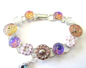 Antique button bracelet, 1800s purple china calico buttons, iridescent glass buttons, silver links