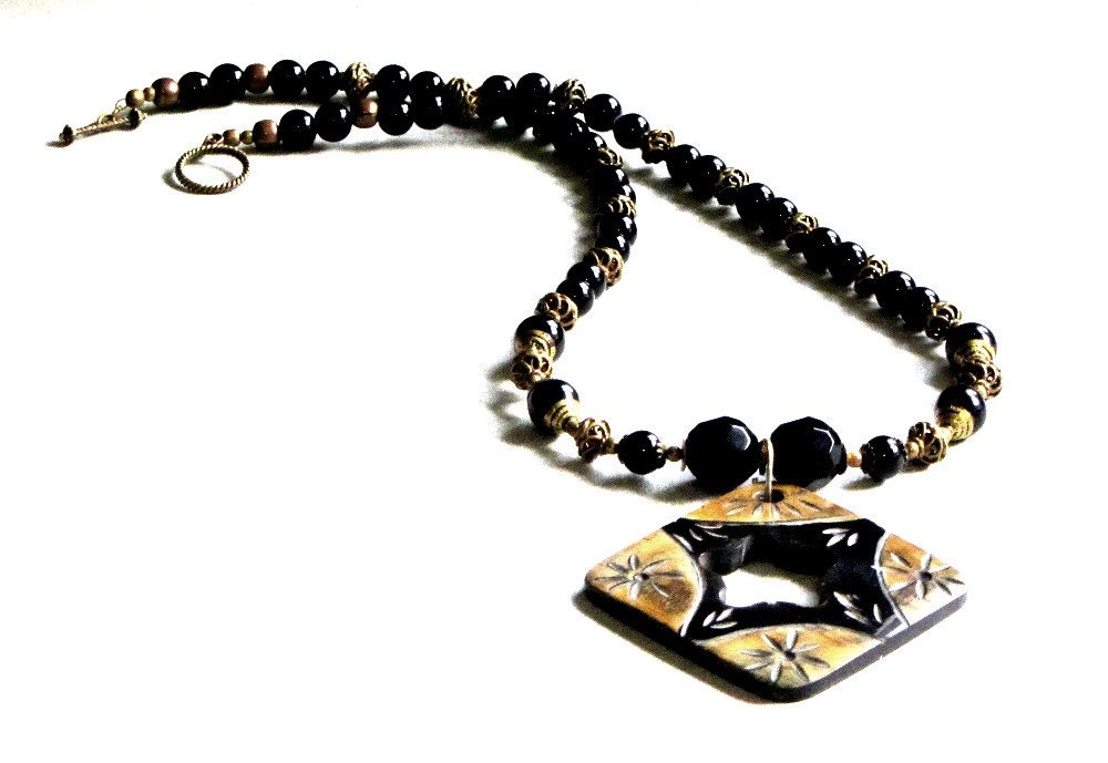 Bohemian Black Agate and Brass Necklace, Tribal, Ethnic, Boho Chic