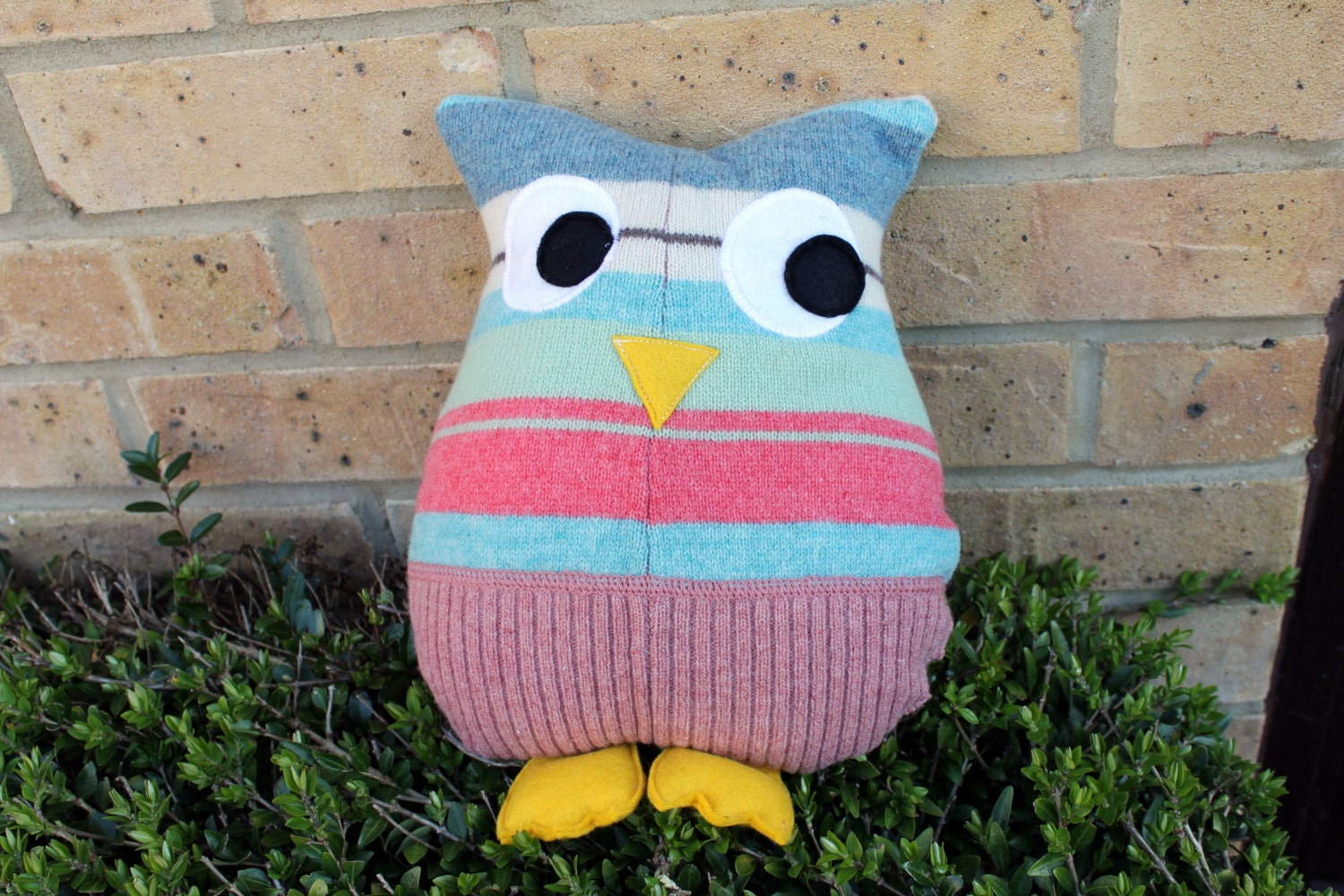 Owl pillow, upcycled jumper owl, recycled sweater owl, knitted sweater owl