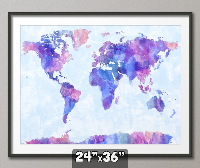 Map of the World Map Watercolor Painting, Art Print, 24x36 inch (143)
