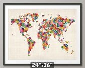 Flowers Map of the World Map, Art Print 24x36 inch (171)
