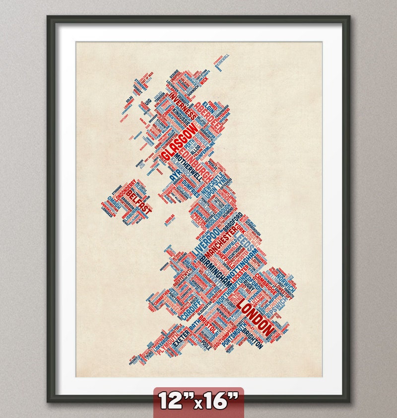 Great Britain UK City Text Map, Art Print 12x16 inch (302)