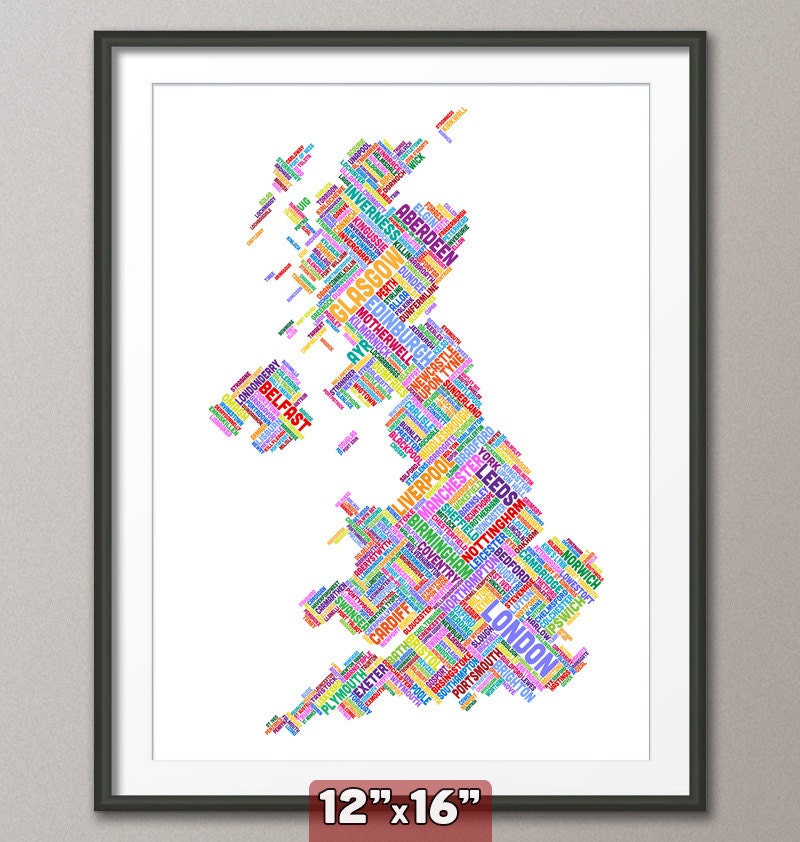 Great Britain UK City Text Map, Art Print 12x16 inch (303)